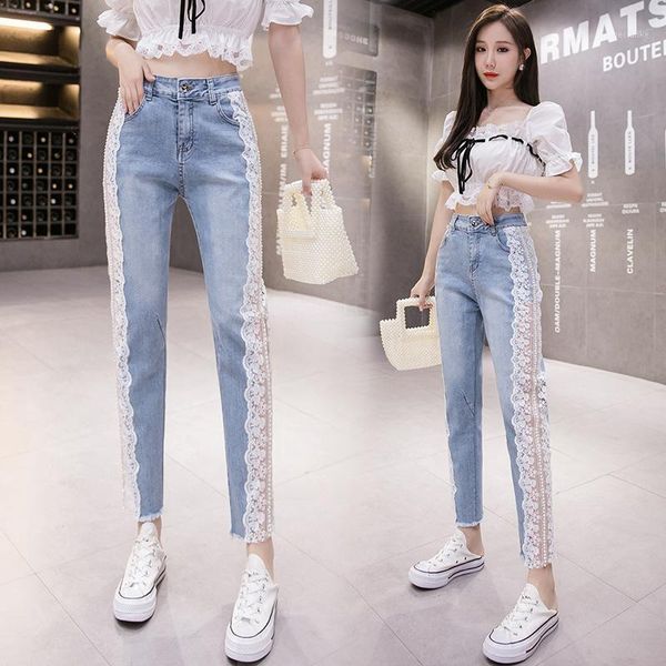 women pants european beaded jeans 2020 new autumn thin lace stitching pants stretch m2181, Black;white
women pants european beaded jeans 2020 new autumn thin lace stitching pants stretch m2181, Black;white