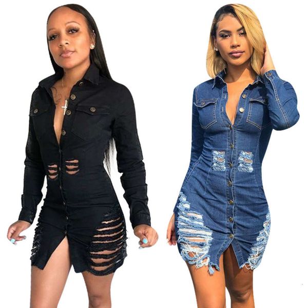 long new denim f8145 casual hole sleeve dress, Black;gray