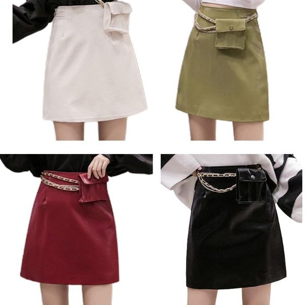 women high waist faux leather a-line skirt with metal chain bag solid streetwear, Black
women high waist faux leather a-line skirt with metal chain bag solid streetwear, Black