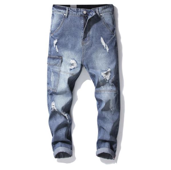 men's harem jeans straight loose destroyed denim ankle length pants men casual blue ripped hollow big pocket trousers #103
men's harem jeans straight loose destroyed denim ankle length pants men casual blue ripped hollow big pocket trousers #103