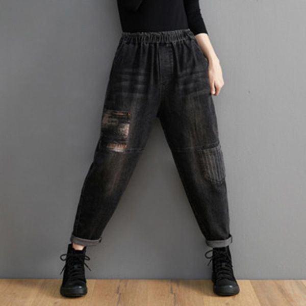 2020 new arrival autumn women loose casual elastic waist harem pants all-matched print cotton denim patchwork jeans a654, Blue
2020 new arrival autumn women loose casual elastic waist harem pants all-matched print cotton denim patchwork jeans a654, Blue