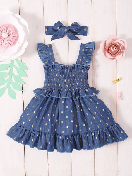 baby gold dot print shirred ruffle hem dress with headband she, Red;yellow 
baby gold dot print shirred ruffle hem dress with headband she, Red;yellow