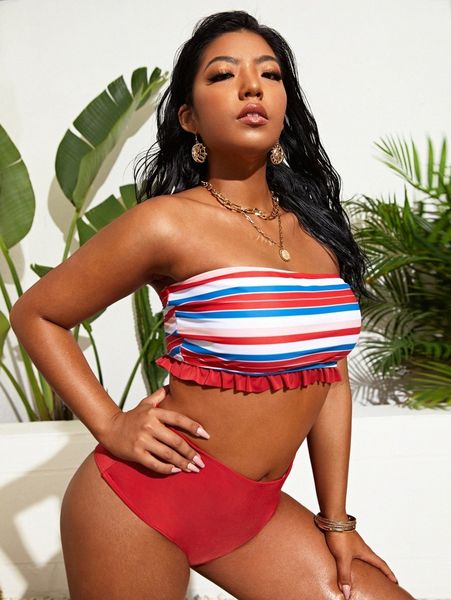 plus striped pattern frill trim bandeau bikini swimsuit y7wn#, Black
plus striped pattern frill trim bandeau bikini swimsuit y7wn#, Black