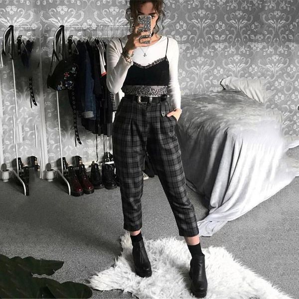 designer plaid pants women streetwear cool girl high waist trousers black friday 2021 deals, White;black
designer plaid pants women streetwear cool girl high waist trousers black friday 2021 deals, White;black