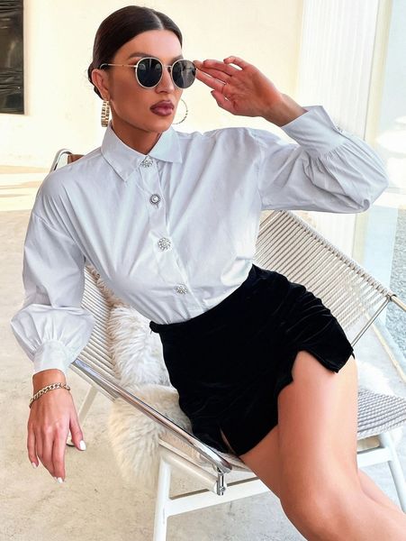 rhinestone button front drop shoulder blouse d43m#, White