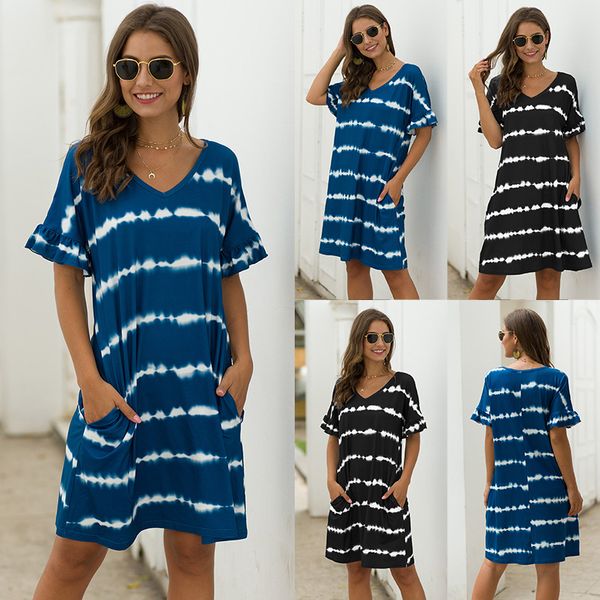 european american summer new womens pocket wave striped tie-dyed casual loose short sleeves dress, White;black
european american summer new womens pocket wave striped tie-dyed casual loose short sleeves dress, White;black