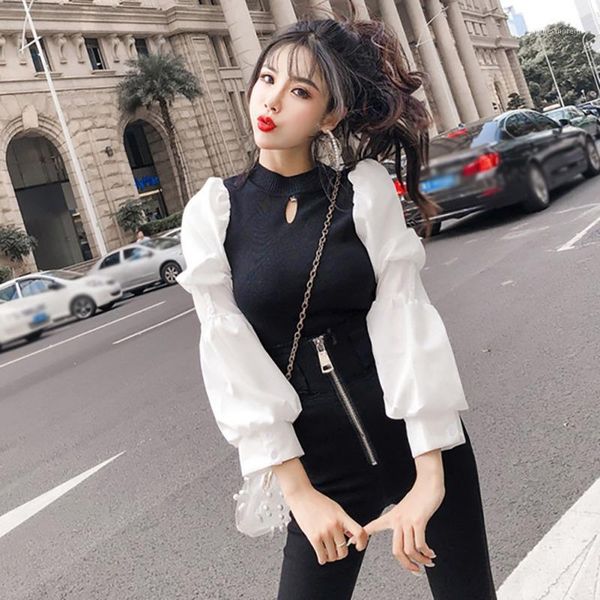 sweet wild sweater women stitching hollow knitwear lantern sleeved round collar sweaters slim pull women's clothing1, White;black
sweet wild sweater women stitching hollow knitwear lantern sleeved round collar sweaters slim pull women's clothing1, White;black