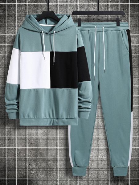 men color block drawstring hoodie & sweatpants j5bb#, Gray 
men color block drawstring hoodie & sweatpants j5bb#, Gray