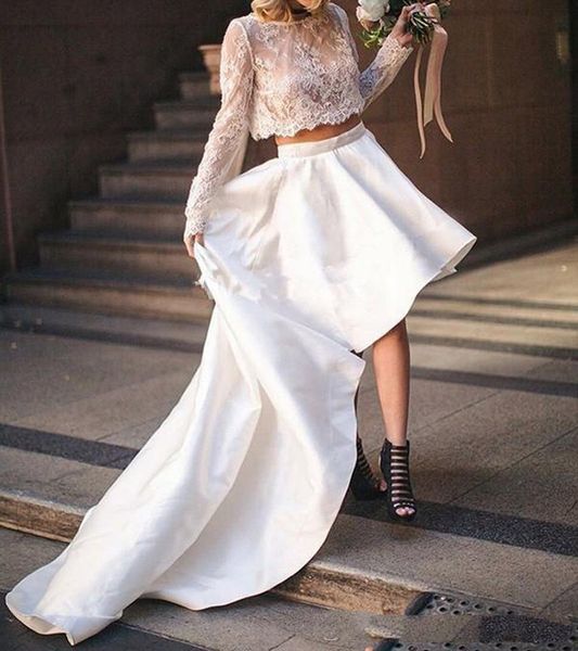 2020 garden two piece wedding dresses long sleeve lace crew neck hi low sweep train outdoor bridal gown custom made, White
2020 garden two piece wedding dresses long sleeve lace crew neck hi low sweep train outdoor bridal gown custom made, White
