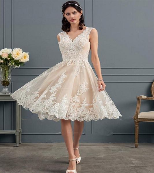 ivory lace champagne satin wedding dresses applique a line v neck sheer straps backless knee length wedding bridal gowns, White
ivory lace champagne satin wedding dresses applique a line v neck sheer straps backless knee length wedding bridal gowns, White