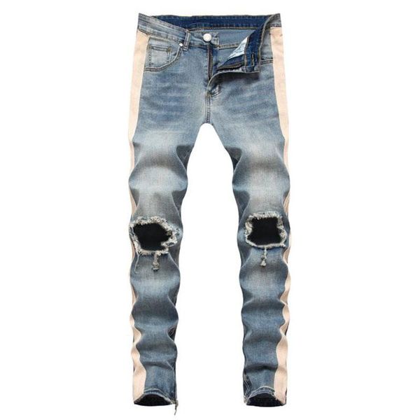 men's jeans mens cotton ripped hole casual skinny white striped fashion male hip hop denim pants zipper trousers, Blue
men's jeans mens cotton ripped hole casual skinny white striped fashion male hip hop denim pants zipper trousers, Blue