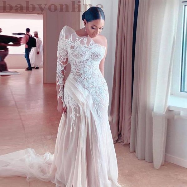 retro lace one shoulder mermaid wedding dresses saudi arabia illusion long sleeve tulle sweep train bridal gowns 2021 spring, White
retro lace one shoulder mermaid wedding dresses saudi arabia illusion long sleeve tulle sweep train bridal gowns 2021 spring, White