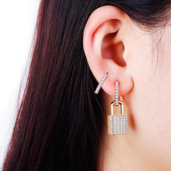 hoop & huggie personality hip hop lock and key trendy earrings women jewelry accessories charm statement full paved cz for female, Golden;silver
hoop & huggie personality hip hop lock and key trendy earrings women jewelry accessories charm statement full paved cz for female, Golden;silver