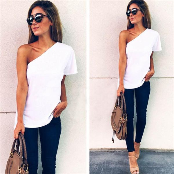 summer women chiffon shirts one shoulder short sleeve beach casual t shirt streetwear, White
summer women chiffon shirts one shoulder short sleeve beach casual t shirt streetwear, White