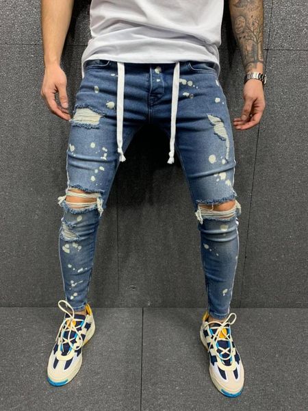 blue denim double stripe distressed men's jeans