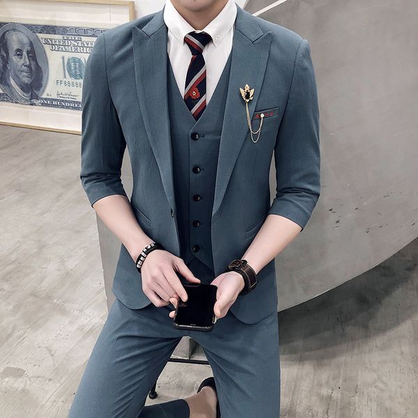 front + pants + vest) summer new british leisure trend wedding suit male korean slim hair stylist seven points suit, White;black
front + pants + vest) summer new british leisure trend wedding suit male korean slim hair stylist seven points suit, White;black