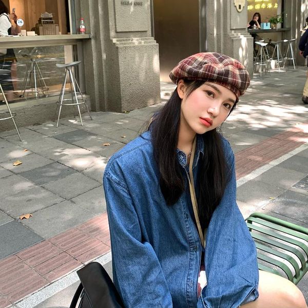 british grid women's hat autumn winter berets e girl y2k aesthetics 90s cap accessories harajuku retro beret warm street, Blue;gray
british grid women's hat autumn winter berets e girl y2k aesthetics 90s cap accessories harajuku retro beret warm street, Blue;gray