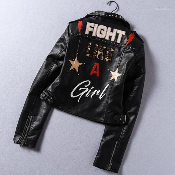 women's leather & faux spring 2021 autum printed letters pu jacket women rivet beading locomotive short basic streetwear jacket1, Black