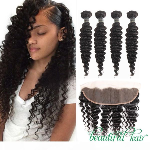 ear to ear 13x4 lace frontal closures with 3 4 bundles brazilian peruvian indian malaysian deep wave kinky curly virgin human hair weaves, Black