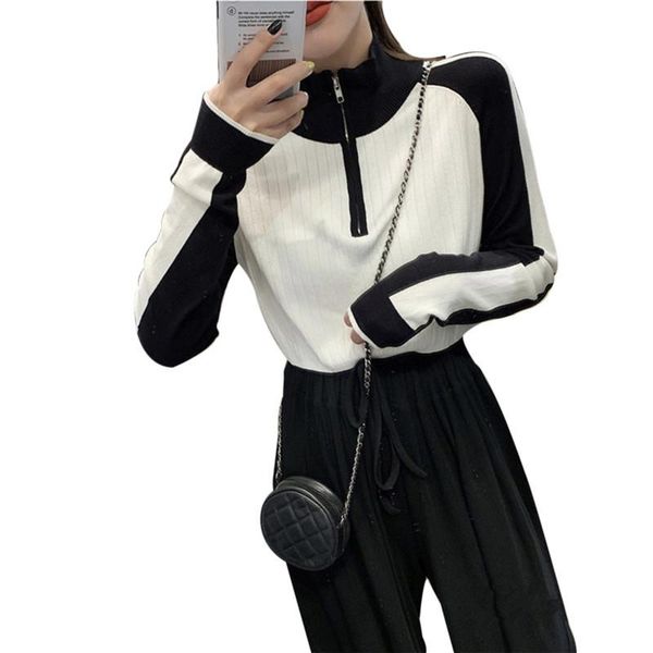 xingqing women fashion long sleeve color block casual zipper knit ladies sweaters womens clothing streetwear, White;black
xingqing women fashion long sleeve color block casual zipper knit ladies sweaters womens clothing streetwear, White;black