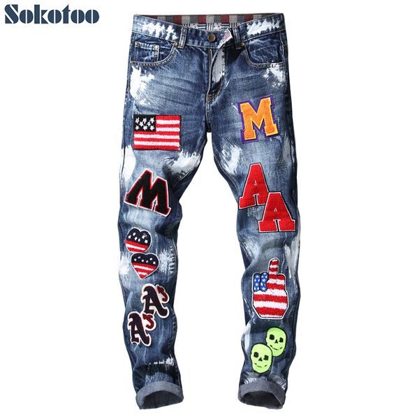 sokotoo men's american flag badge patches blue denim jeans slim fit straight letters painted long pants trousers
sokotoo men's american flag badge patches blue denim jeans slim fit straight letters painted long pants trousers