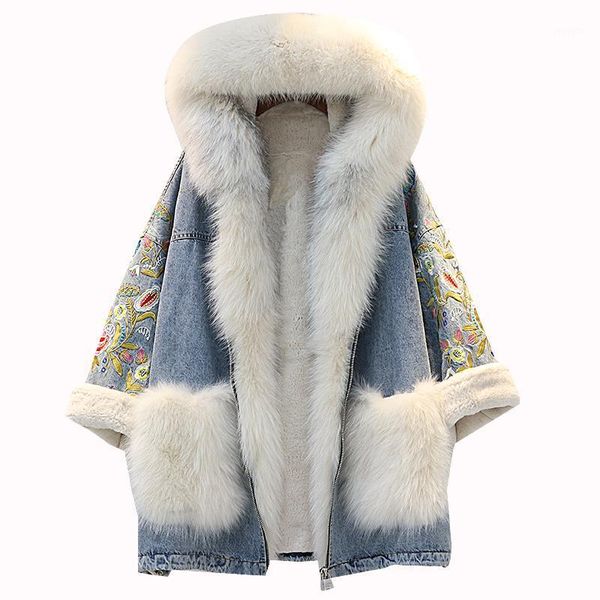 autumn winter women denim jacket new fashion natural fur embroidery hooded plush liner thick warm outerwear ladies tide h8421, Black;brown
autumn winter women denim jacket new fashion natural fur embroidery hooded plush liner thick warm outerwear ladies tide h8421, Black;brown