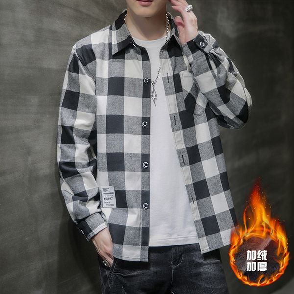 long sleeve winter new korean fashion plush plaid shirt casual coat men's autumn jacket, White;black
long sleeve winter new korean fashion plush plaid shirt casual coat men's autumn jacket, White;black