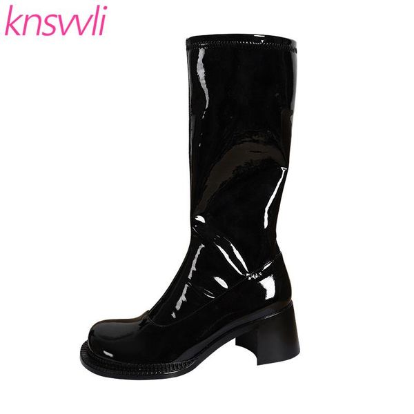 round toe chunky high heel mid calf boots women leather stretch boots ladies winter shoes woman britain style women's high, Black