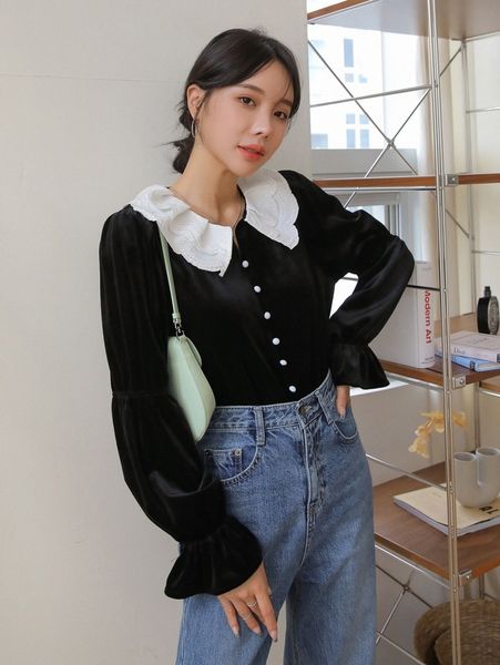 dazy peter-pan collar flounce sleeve velvet blouse 10iu#, White 
dazy peter-pan collar flounce sleeve velvet blouse 10iu#, White