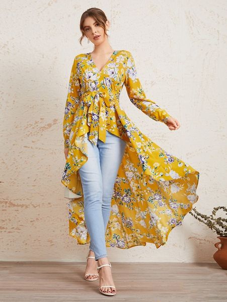 floral print self belted dip hem c57y#, White