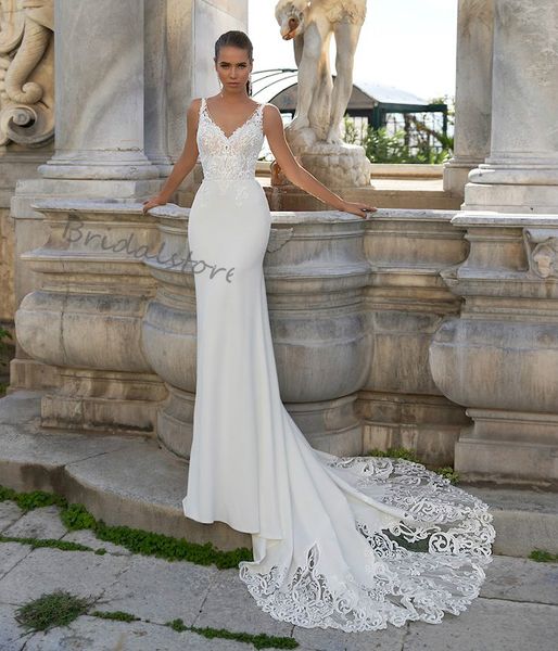 2021 summer beach mermaid wedding dresses v neck lace satin boho country wedding dress with sweep train backless bohemian bridal, White
2021 summer beach mermaid wedding dresses v neck lace satin boho country wedding dress with sweep train backless bohemian bridal, White