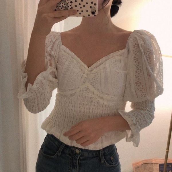 2021 new female lace chiffon shirt solid square neck hollow loop out puff sleeves plied short waist spring bjgc, White
2021 new female lace chiffon shirt solid square neck hollow loop out puff sleeves plied short waist spring bjgc, White