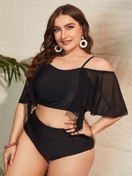 plus plain contrast mesh high waisted bikini swimsuit r7xj#, Black