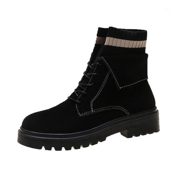 ins fashion women boots british style lace up women flat boots autumn and winter ladies ankle1, Black