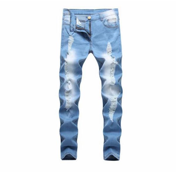 new solid color frayed men's tight denim pants jeans men's ripped jeans men's trousers, Blue
new solid color frayed men's tight denim pants jeans men's ripped jeans men's trousers, Blue