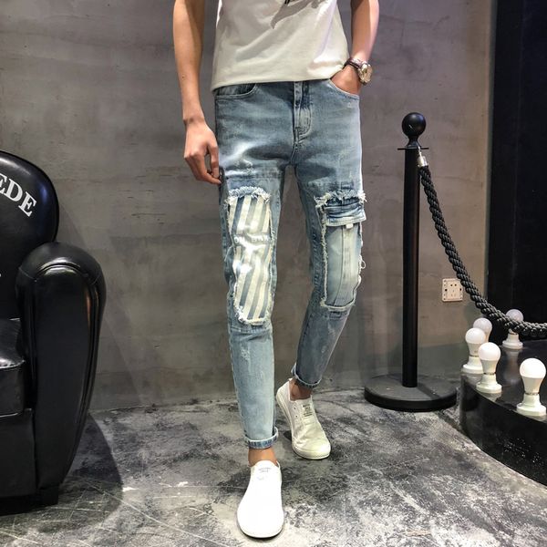 2019 spring jeans men's hole slim feet net red shaking sound korean version of the trend ins super fire pants tide, Blue
2019 spring jeans men's hole slim feet net red shaking sound korean version of the trend ins super fire pants tide, Blue