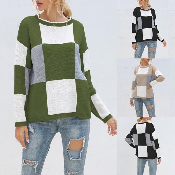 color matching checkered round neck pullover knitted sweater women winter autumn long sleeve pullovers1, White;black
color matching checkered round neck pullover knitted sweater women winter autumn long sleeve pullovers1, White;black