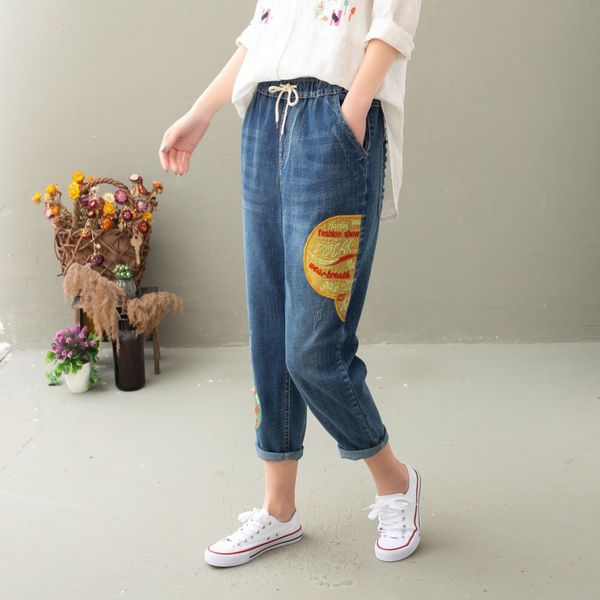 new national style large denim capris printed fabric leggings elastic waist versatile women's wear, Blue
new national style large denim capris printed fabric leggings elastic waist versatile women's wear, Blue