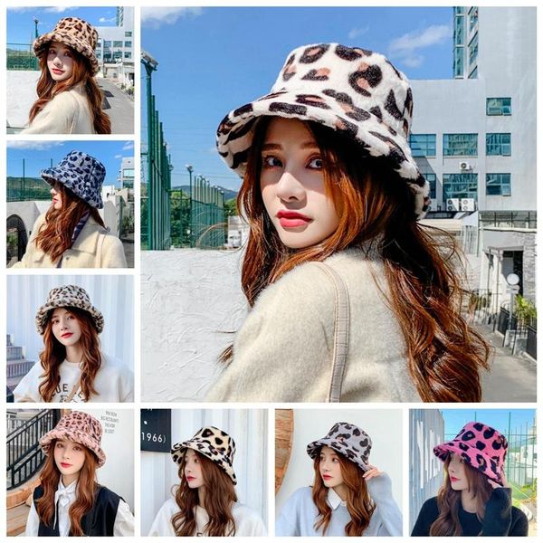women leopard print faux fur hat winter warm plush fisherman cap bucket hat, Blue;gray