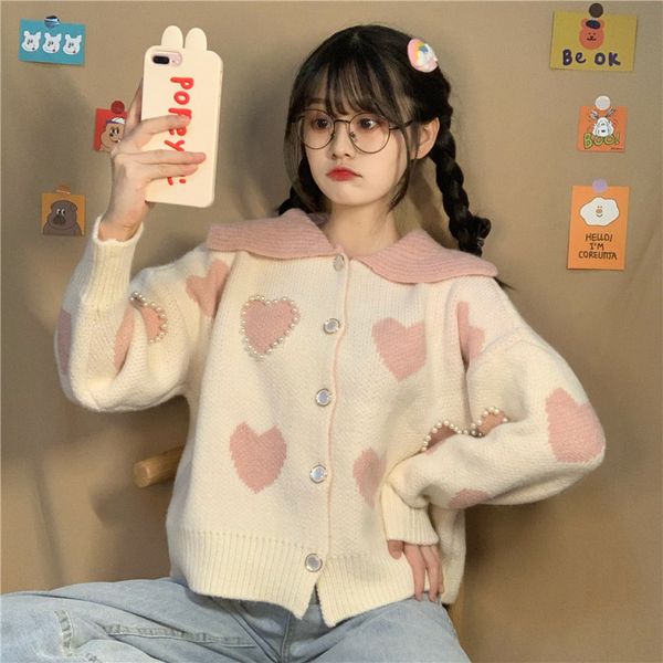 2021 new kawaii knits cardigan girls heart pearl-shaped beads pretty female style sweaters turn down collar short pink jumpers dcvd, White;black
2021 new kawaii knits cardigan girls heart pearl-shaped beads pretty female style sweaters turn down collar short pink jumpers dcvd, White;black