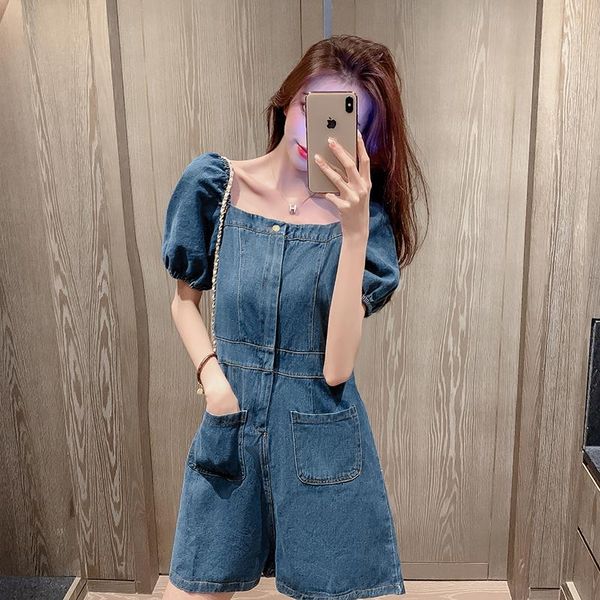 women's jeans short puff sleeve slash neck single-breasted woman summer with pockets wide-legged vintage denim playsuits, Blue
women's jeans short puff sleeve slash neck single-breasted woman summer with pockets wide-legged vintage denim playsuits, Blue