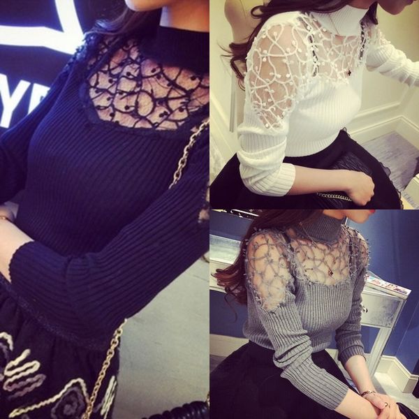 autumn and lace shirtwinter women's long sleeve t- women's slim high neck lace stitching knitted small shirt hook flower bottom, White
autumn and lace shirtwinter women's long sleeve t- women's slim high neck lace stitching knitted small shirt hook flower bottom, White