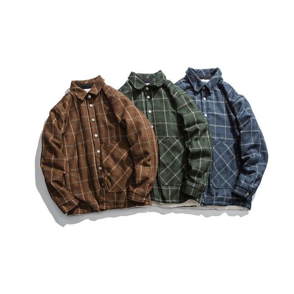 men's casual shirts winter retro plaid plus velvet shirt japanese versatile tooling jacket, White;black
men's casual shirts winter retro plaid plus velvet shirt japanese versatile tooling jacket, White;black
