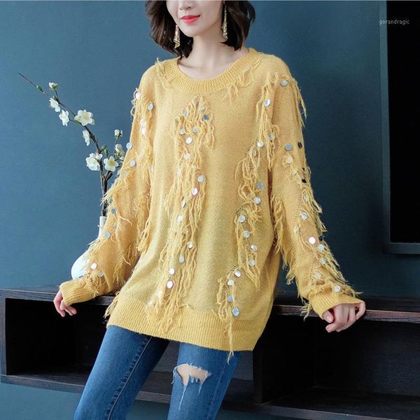 fashion yellow round neck long sleeve tassel sequined knit plus woman wool sweater casual fashion tide autumn winter new td1951, White;black
fashion yellow round neck long sleeve tassel sequined knit plus woman wool sweater casual fashion tide autumn winter new td1951, White;black