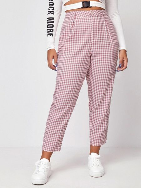 plus gingham slant pocket pants o8g9#, Black