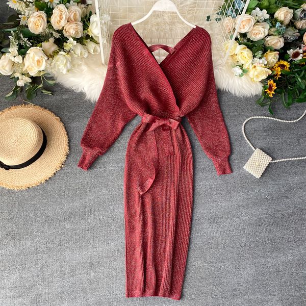 2021 new female shiny mesh and neck puff elastic knitting sheath in solid autumn bow pencil bands dressed h5zt, Black;gray