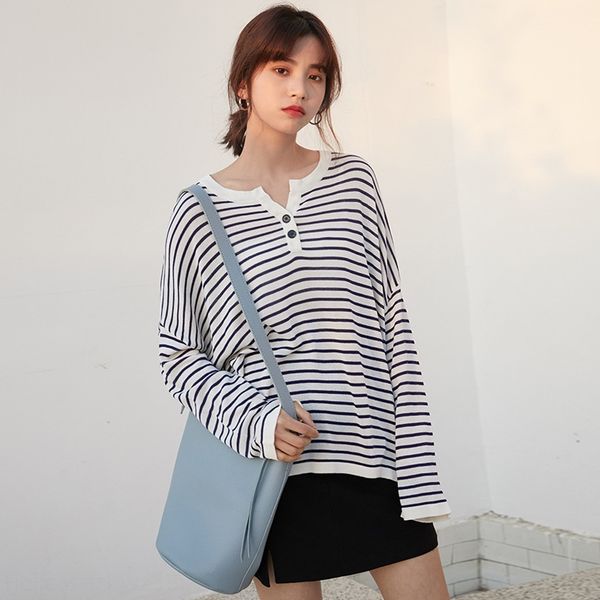 spring and summer 2020 new korean version lazy loose stripe knitted button pullover pullover button half open collar long sleeve t-shirt for, White
spring and summer 2020 new korean version lazy loose stripe knitted button pullover pullover button half open collar long sleeve t-shirt for, White