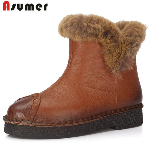 

asumer 2020 new fashion slip on fur genuine leather snow boots round toe ankle boots for women flat with platform winter, Black