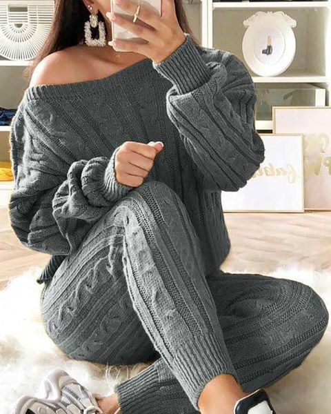 women's tracksuits 2021 women fashion warm winter knit elegant skew neck long sleeve solid ribbed knitting casual sweater & pants sets, Gray
women's tracksuits 2021 women fashion warm winter knit elegant skew neck long sleeve solid ribbed knitting casual sweater & pants sets, Gray