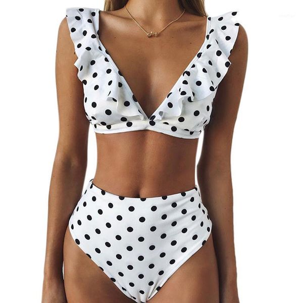 ruffled deep v bikini split swimsuit polka dot swimsuit high waist beachwear1, White;black
ruffled deep v bikini split swimsuit polka dot swimsuit high waist beachwear1, White;black